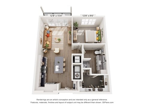 Floor plan for 1 bed, 1 bath, 752 sqft